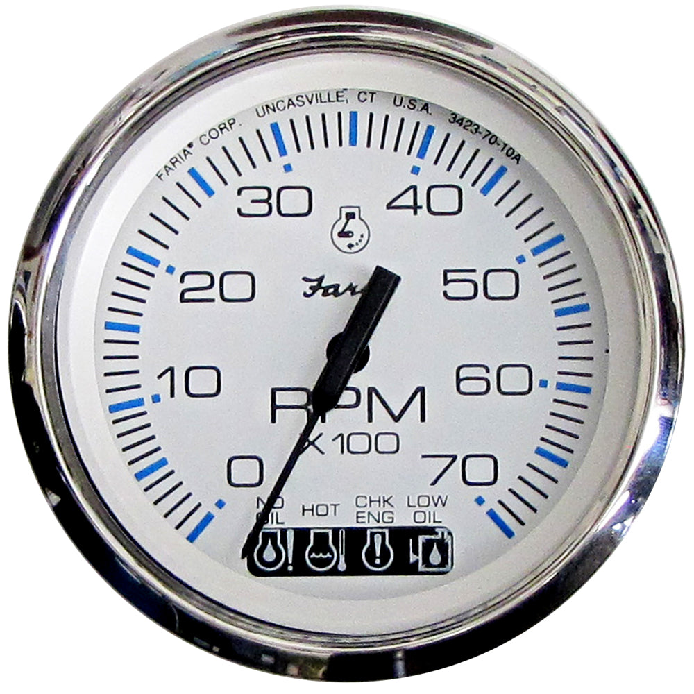 Faria Chesapeake White 4-Inch Stainless Steel Tachometer with Systemcheck, 7000 RPM (Gas - Johnson/Evinrude Outboard) [33850]
